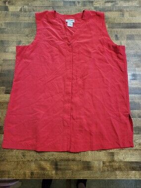 Alfred Dunner Coral-Red Sleeveless Button-Front Blouse Vest Silk Size 18